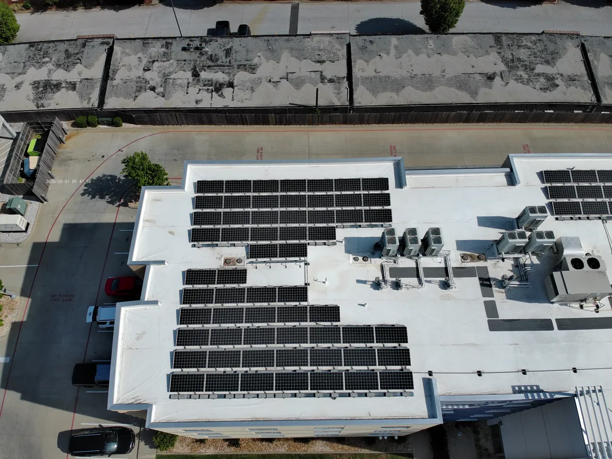 Commercial rooftop solar project aerial overview