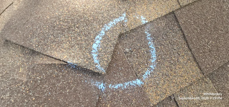 Close-up of a chalk-marked area on an asphalt shingle