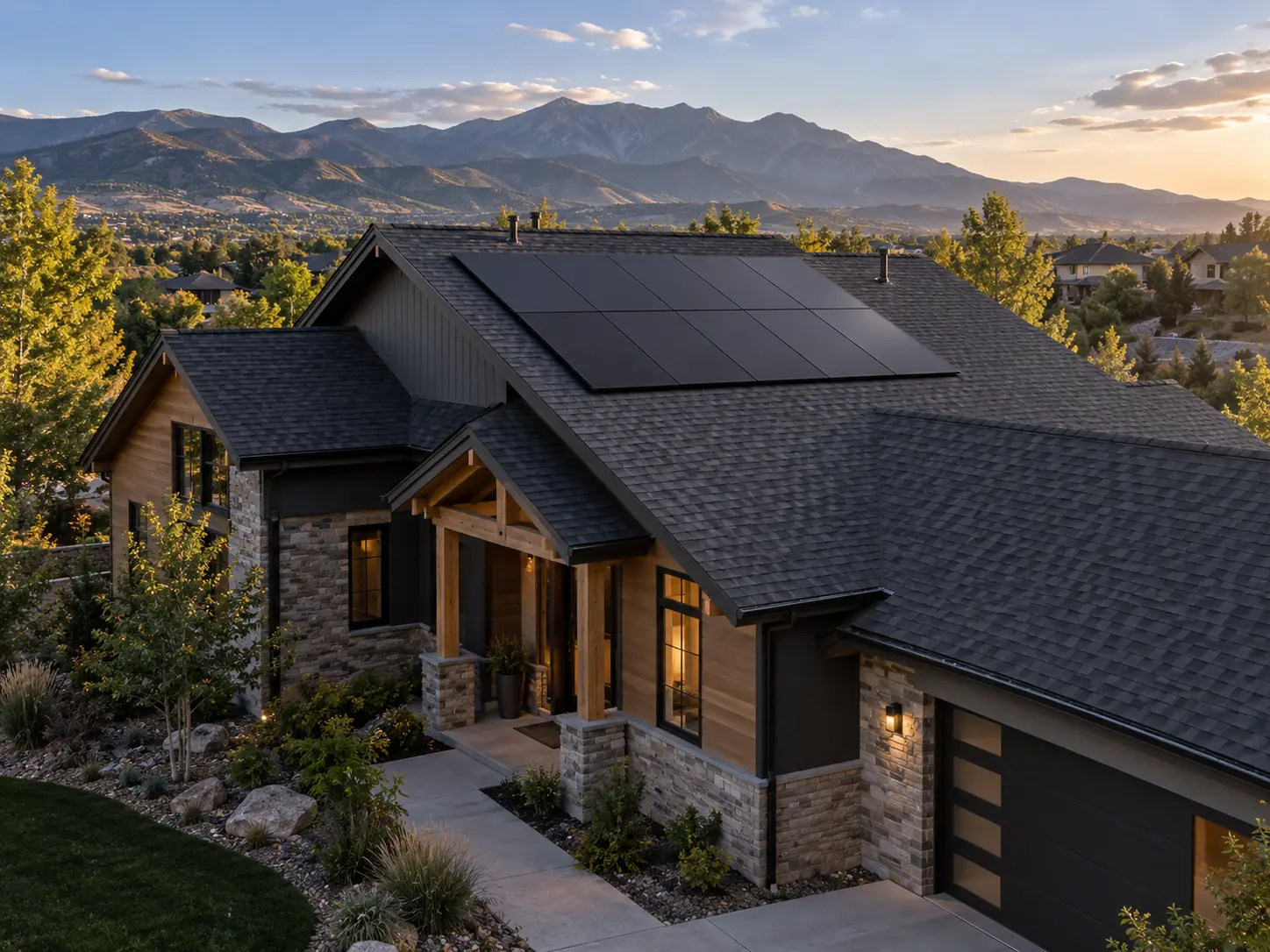 Illustration of an architectural shingle roof with solar panels on a mountain home