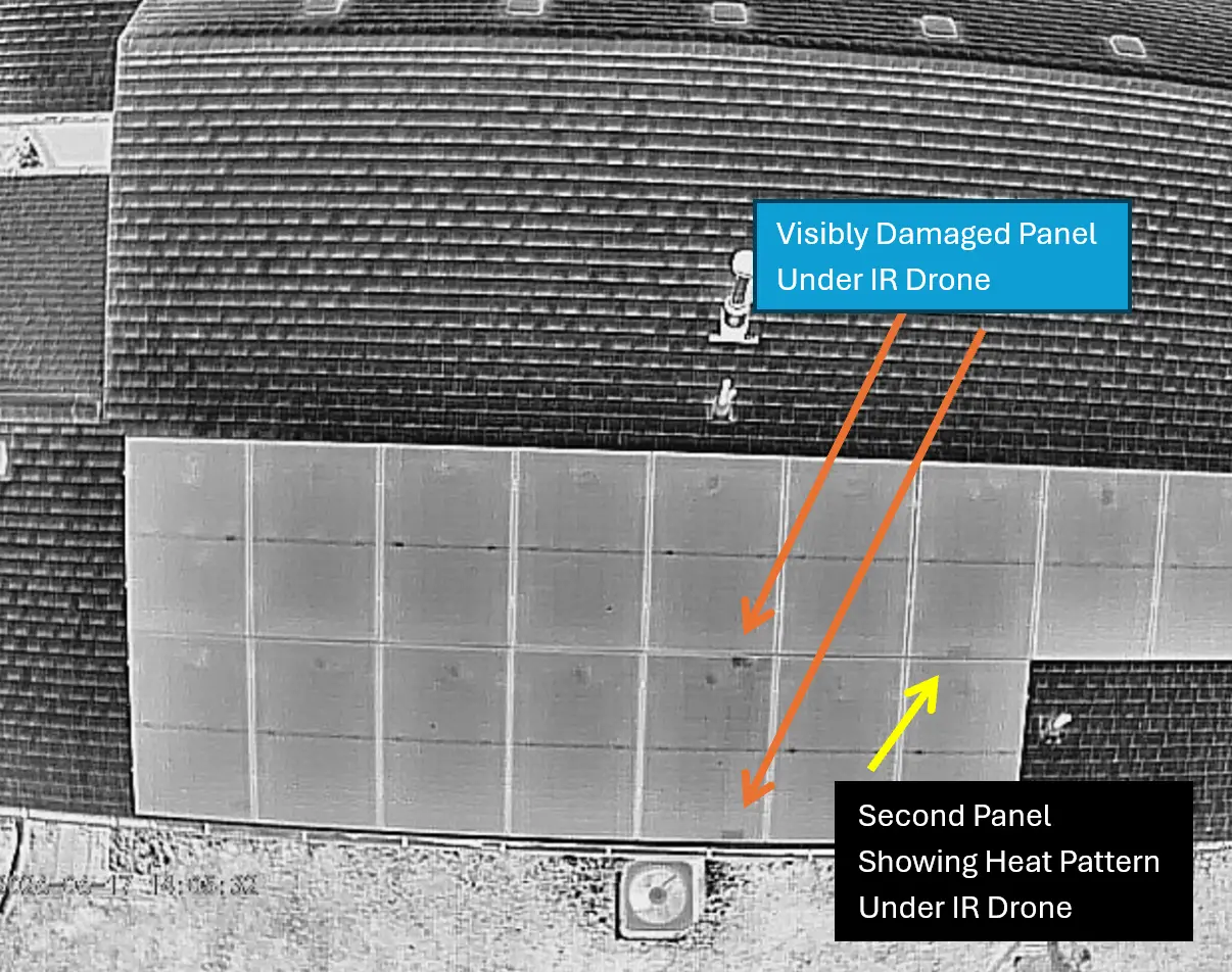 Infrared drone image mapping a visibly damaged module and a second thermal exception